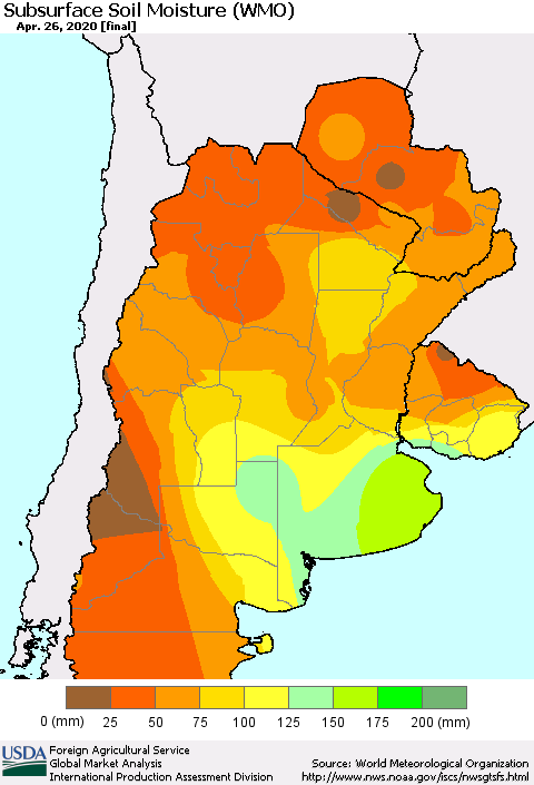 Southern South America Subsurface Soil Moisture (WMO) Thematic Map For 4/20/2020 - 4/26/2020