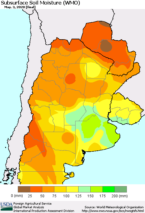 Southern South America Subsurface Soil Moisture (WMO) Thematic Map For 4/27/2020 - 5/3/2020