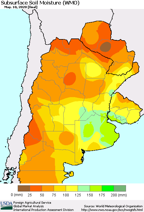Southern South America Subsurface Soil Moisture (WMO) Thematic Map For 5/4/2020 - 5/10/2020