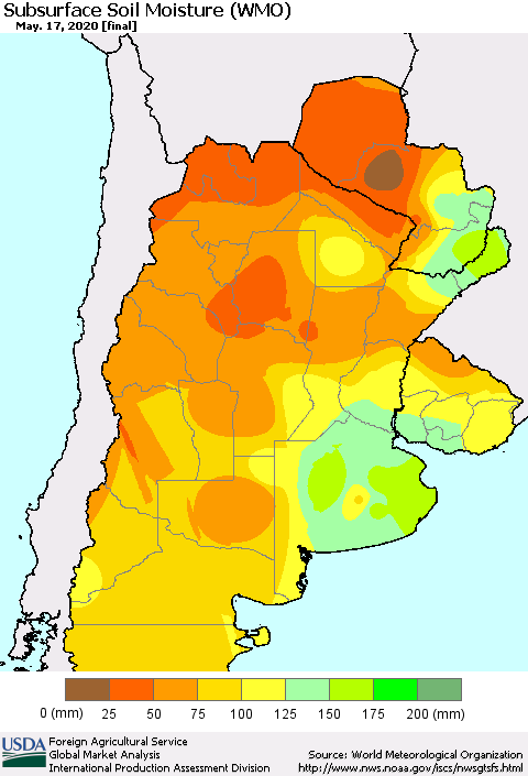 Southern South America Subsurface Soil Moisture (WMO) Thematic Map For 5/11/2020 - 5/17/2020