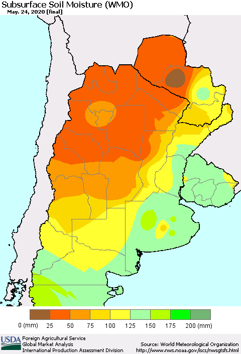 Southern South America Subsurface Soil Moisture (WMO) Thematic Map For 5/18/2020 - 5/24/2020