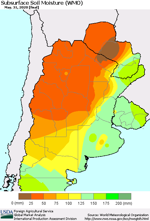 Southern South America Subsurface Soil Moisture (WMO) Thematic Map For 5/25/2020 - 5/31/2020