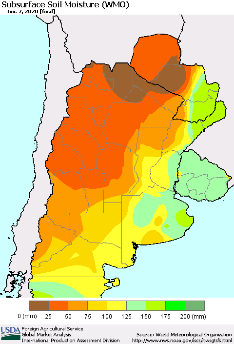 Southern South America Subsurface Soil Moisture (WMO) Thematic Map For 6/1/2020 - 6/7/2020