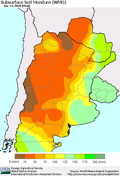 Southern South America Subsurface Soil Moisture (WMO) Thematic Map For 6/8/2020 - 6/14/2020