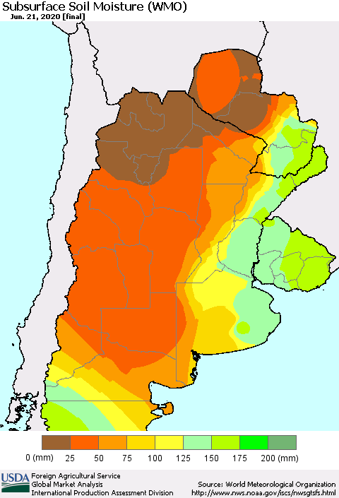 Southern South America Subsurface Soil Moisture (WMO) Thematic Map For 6/15/2020 - 6/21/2020