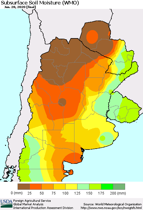 Southern South America Subsurface Soil Moisture (WMO) Thematic Map For 6/22/2020 - 6/28/2020