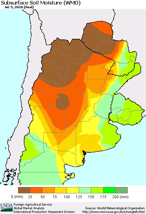 Southern South America Subsurface Soil Moisture (WMO) Thematic Map For 6/29/2020 - 7/5/2020