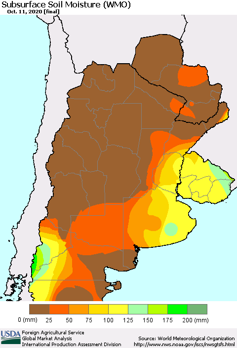Southern South America Subsurface Soil Moisture (WMO) Thematic Map For 10/5/2020 - 10/11/2020