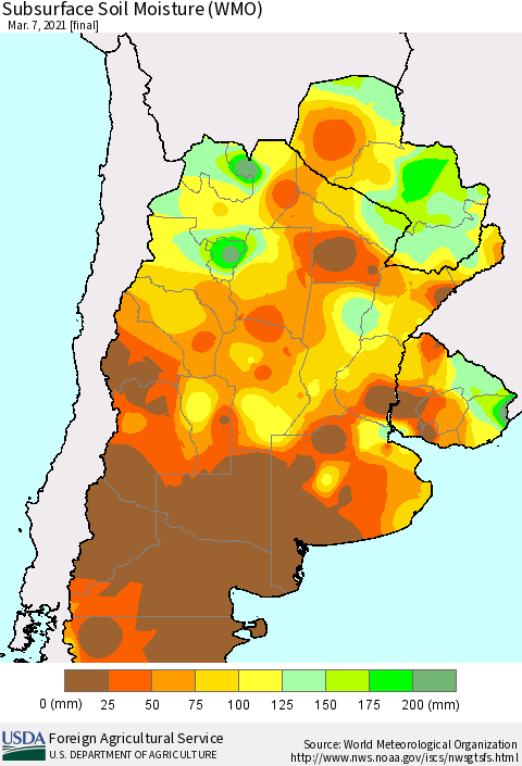 Southern South America Subsurface Soil Moisture (WMO) Thematic Map For 3/1/2021 - 3/7/2021