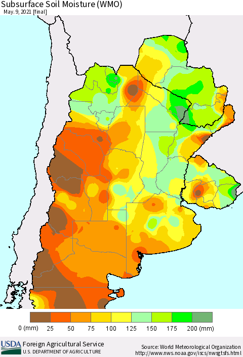 Southern South America Subsurface Soil Moisture (WMO) Thematic Map For 5/3/2021 - 5/9/2021