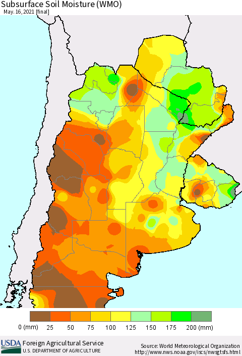 Southern South America Subsurface Soil Moisture (WMO) Thematic Map For 5/10/2021 - 5/16/2021