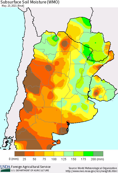 Southern South America Subsurface Soil Moisture (WMO) Thematic Map For 5/17/2021 - 5/23/2021