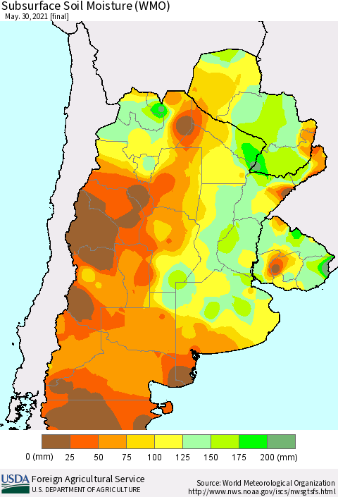 Southern South America Subsurface Soil Moisture (WMO) Thematic Map For 5/24/2021 - 5/30/2021