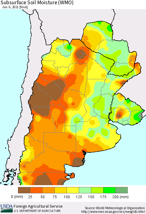 Southern South America Subsurface Soil Moisture (WMO) Thematic Map For 5/31/2021 - 6/6/2021