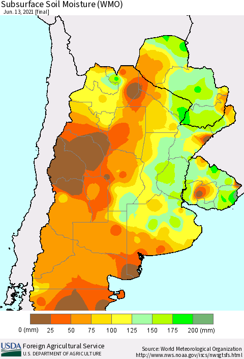Southern South America Subsurface Soil Moisture (WMO) Thematic Map For 6/7/2021 - 6/13/2021