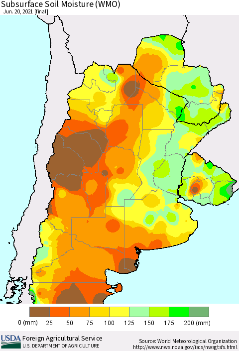 Southern South America Subsurface Soil Moisture (WMO) Thematic Map For 6/14/2021 - 6/20/2021