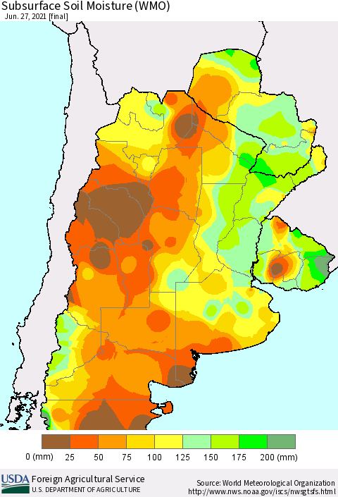 Southern South America Subsurface Soil Moisture (WMO) Thematic Map For 6/21/2021 - 6/27/2021