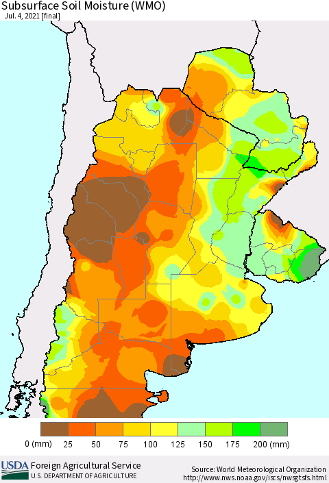Southern South America Subsurface Soil Moisture (WMO) Thematic Map For 6/28/2021 - 7/4/2021