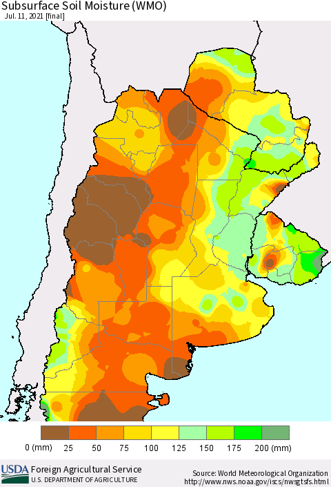 Southern South America Subsurface Soil Moisture (WMO) Thematic Map For 7/5/2021 - 7/11/2021