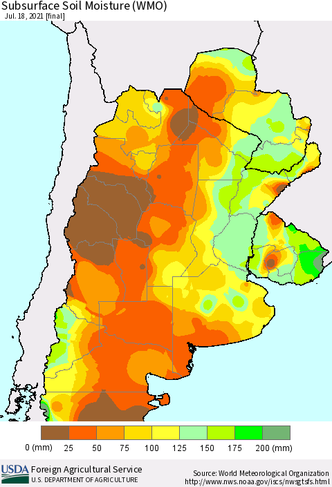 Southern South America Subsurface Soil Moisture (WMO) Thematic Map For 7/12/2021 - 7/18/2021