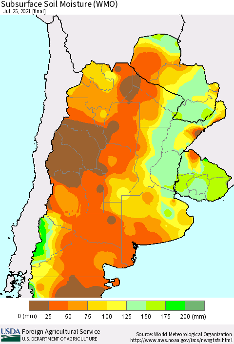 Southern South America Subsurface Soil Moisture (WMO) Thematic Map For 7/19/2021 - 7/25/2021