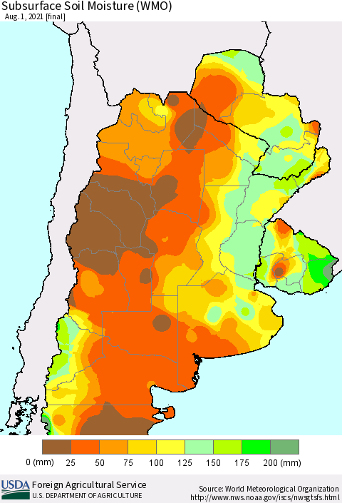 Southern South America Subsurface Soil Moisture (WMO) Thematic Map For 7/26/2021 - 8/1/2021