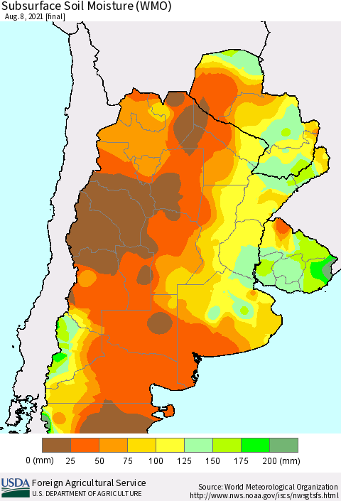 Southern South America Subsurface Soil Moisture (WMO) Thematic Map For 8/2/2021 - 8/8/2021