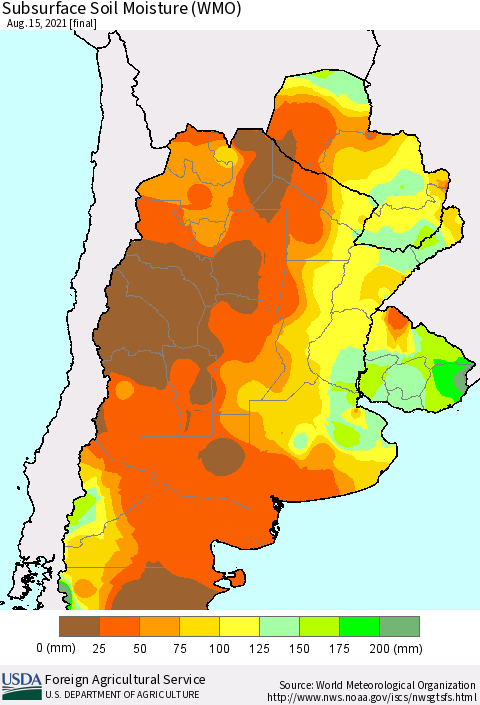 Southern South America Subsurface Soil Moisture (WMO) Thematic Map For 8/9/2021 - 8/15/2021