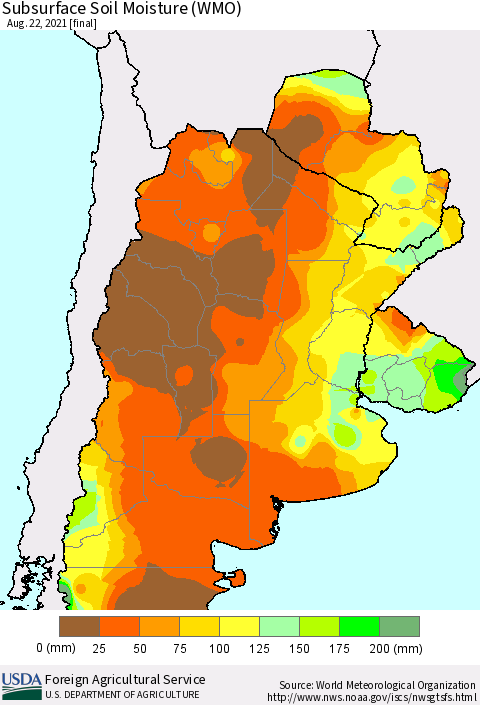 Southern South America Subsurface Soil Moisture (WMO) Thematic Map For 8/16/2021 - 8/22/2021