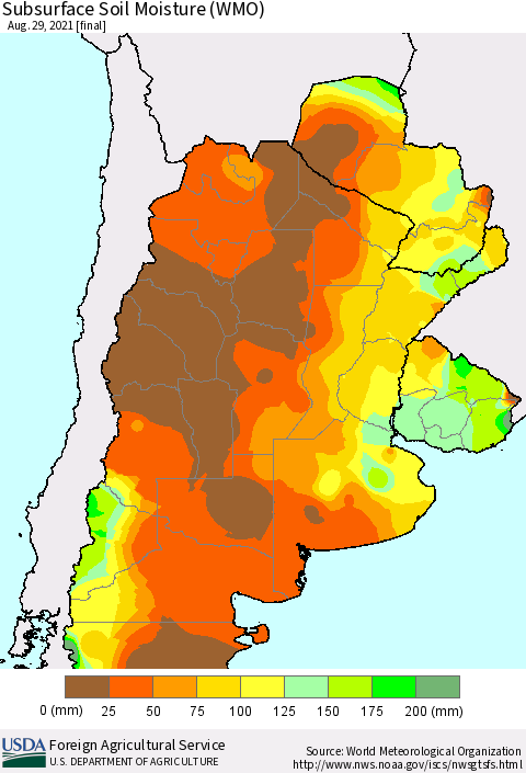 Southern South America Subsurface Soil Moisture (WMO) Thematic Map For 8/23/2021 - 8/29/2021