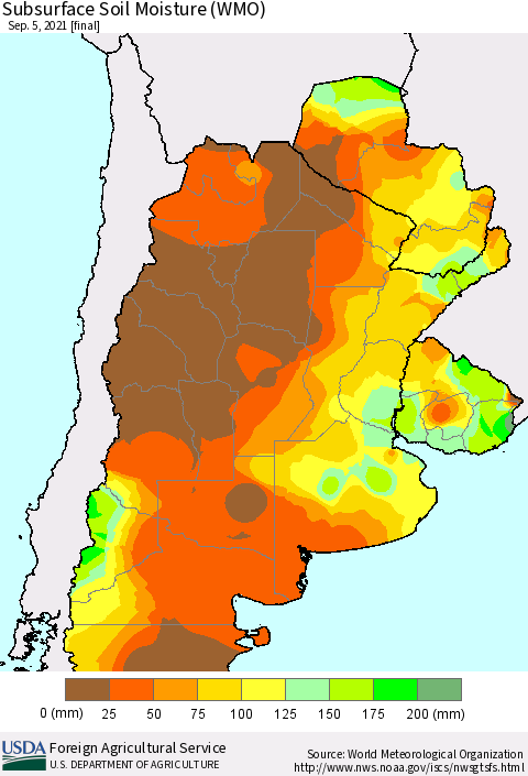 Southern South America Subsurface Soil Moisture (WMO) Thematic Map For 8/30/2021 - 9/5/2021
