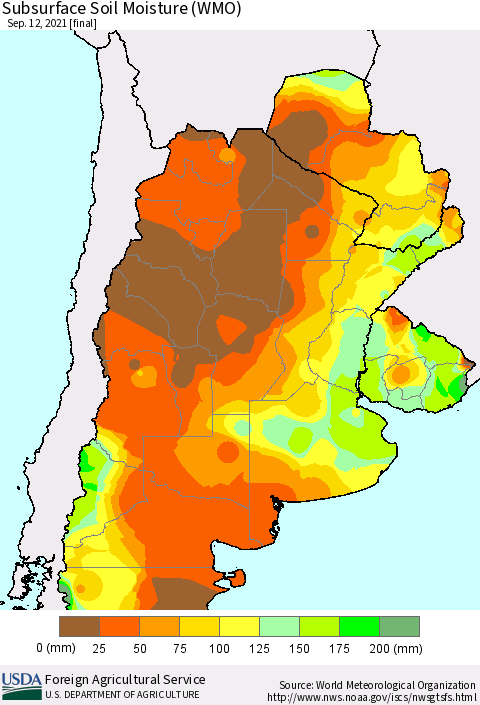 Southern South America Subsurface Soil Moisture (WMO) Thematic Map For 9/6/2021 - 9/12/2021