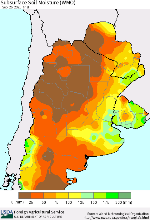 Southern South America Subsurface Soil Moisture (WMO) Thematic Map For 9/20/2021 - 9/26/2021