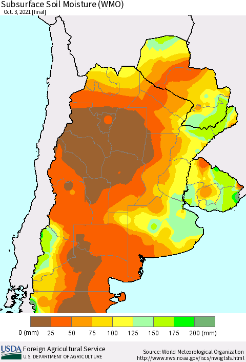 Southern South America Subsurface Soil Moisture (WMO) Thematic Map For 9/27/2021 - 10/3/2021
