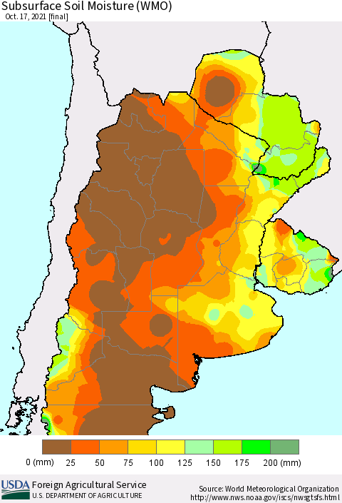 Southern South America Subsurface Soil Moisture (WMO) Thematic Map For 10/11/2021 - 10/17/2021