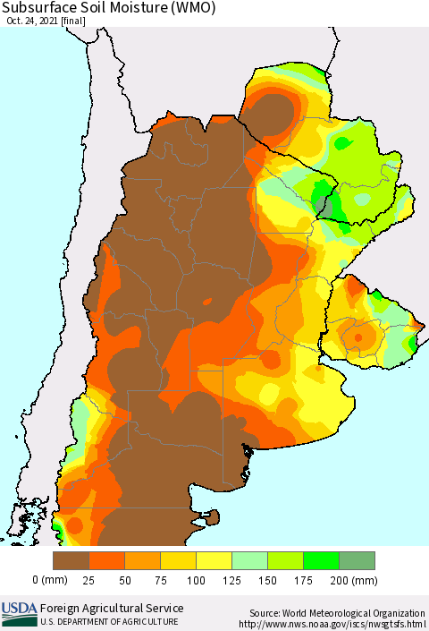 Southern South America Subsurface Soil Moisture (WMO) Thematic Map For 10/18/2021 - 10/24/2021