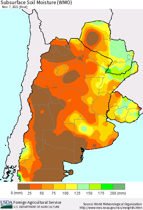 Southern South America Subsurface Soil Moisture (WMO) Thematic Map For 11/1/2021 - 11/7/2021