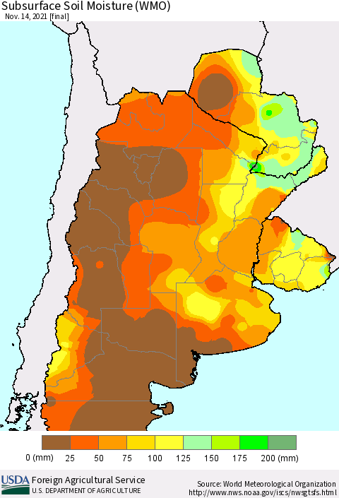 Southern South America Subsurface Soil Moisture (WMO) Thematic Map For 11/8/2021 - 11/14/2021