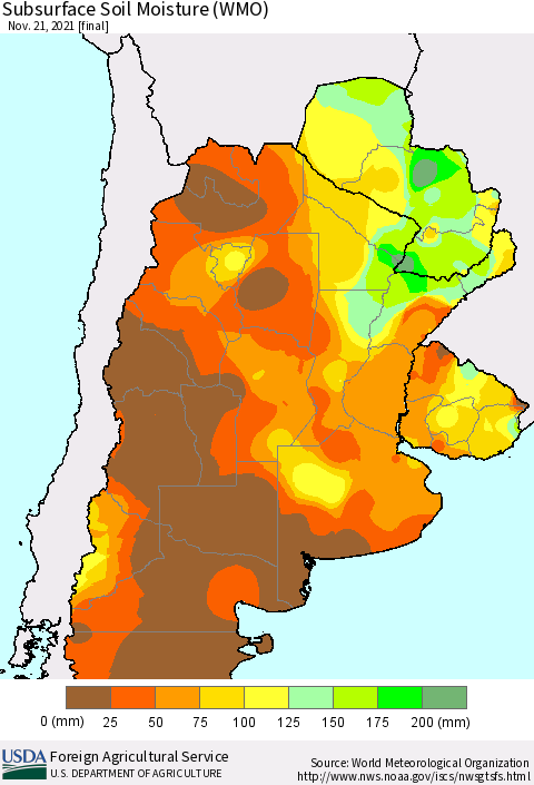 Southern South America Subsurface Soil Moisture (WMO) Thematic Map For 11/15/2021 - 11/21/2021