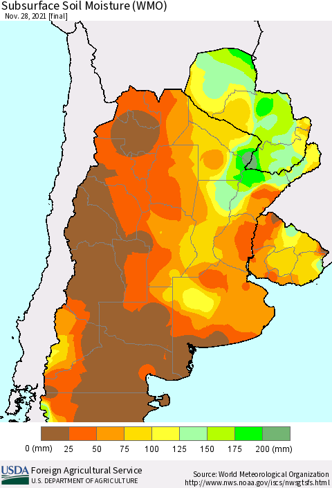 Southern South America Subsurface Soil Moisture (WMO) Thematic Map For 11/22/2021 - 11/28/2021