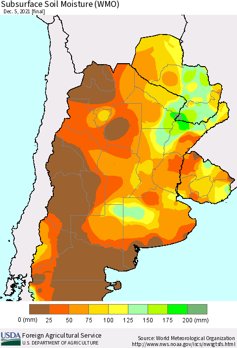 Southern South America Subsurface Soil Moisture (WMO) Thematic Map For 11/29/2021 - 12/5/2021