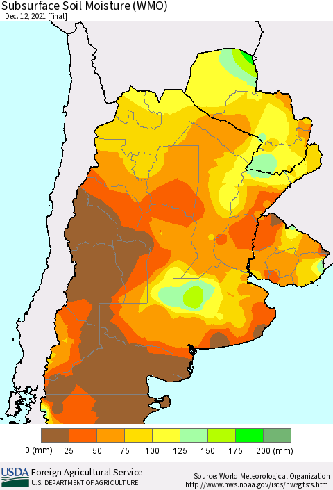 Southern South America Subsurface Soil Moisture (WMO) Thematic Map For 12/6/2021 - 12/12/2021