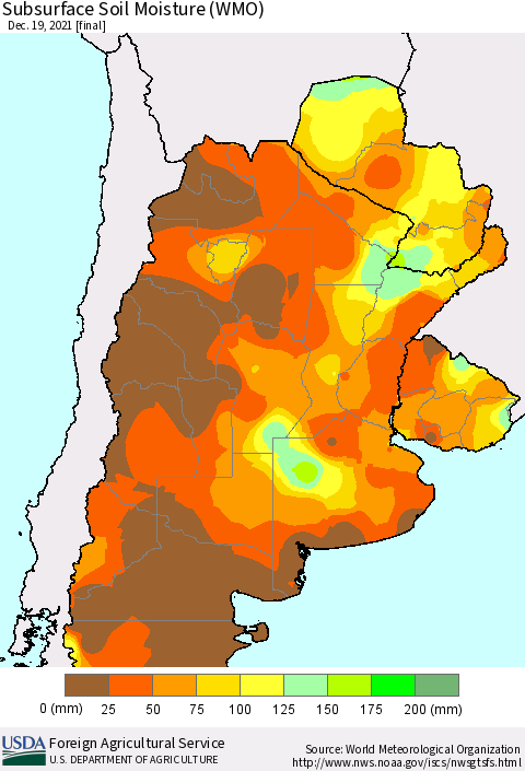 Southern South America Subsurface Soil Moisture (WMO) Thematic Map For 12/13/2021 - 12/19/2021