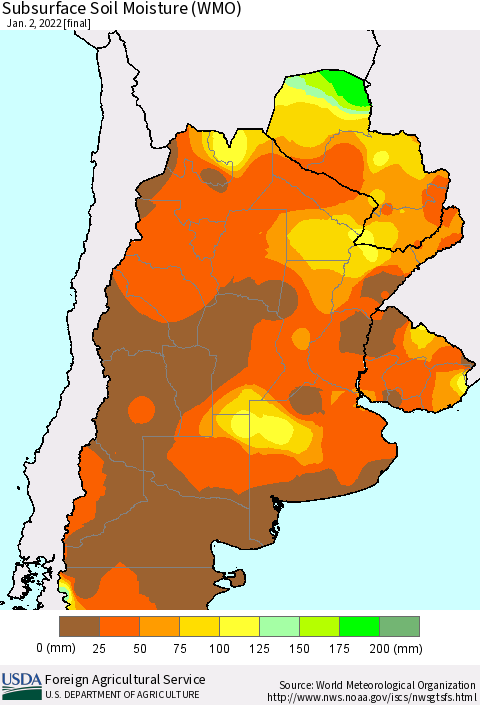 Southern South America Subsurface Soil Moisture (WMO) Thematic Map For 12/27/2021 - 1/2/2022