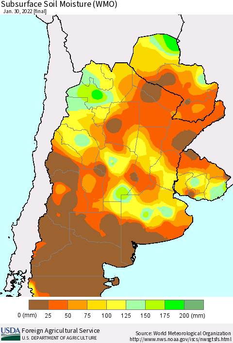 Southern South America Subsurface Soil Moisture (WMO) Thematic Map For 1/24/2022 - 1/30/2022