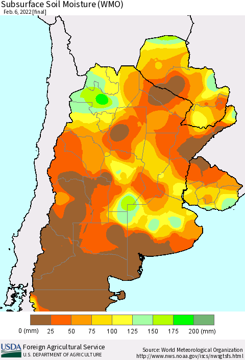 Southern South America Subsurface Soil Moisture (WMO) Thematic Map For 1/31/2022 - 2/6/2022