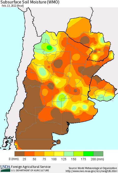 Southern South America Subsurface Soil Moisture (WMO) Thematic Map For 2/7/2022 - 2/13/2022