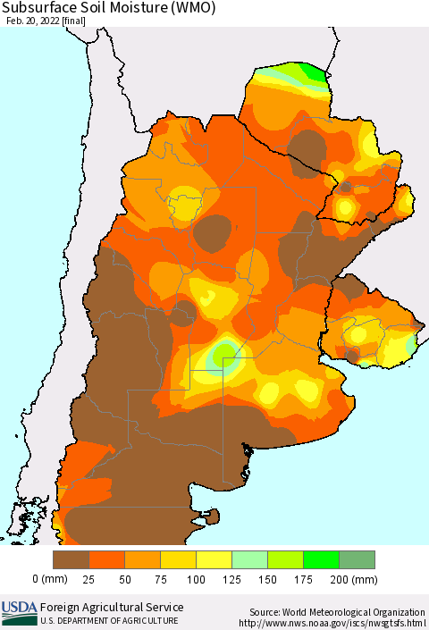 Southern South America Subsurface Soil Moisture (WMO) Thematic Map For 2/14/2022 - 2/20/2022