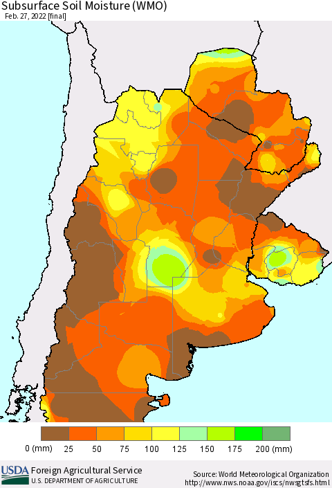 Southern South America Subsurface Soil Moisture (WMO) Thematic Map For 2/21/2022 - 2/27/2022