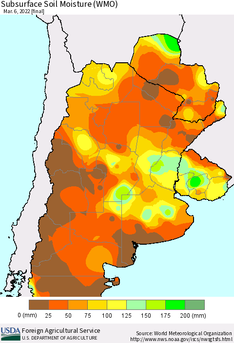 Southern South America Subsurface Soil Moisture (WMO) Thematic Map For 2/28/2022 - 3/6/2022